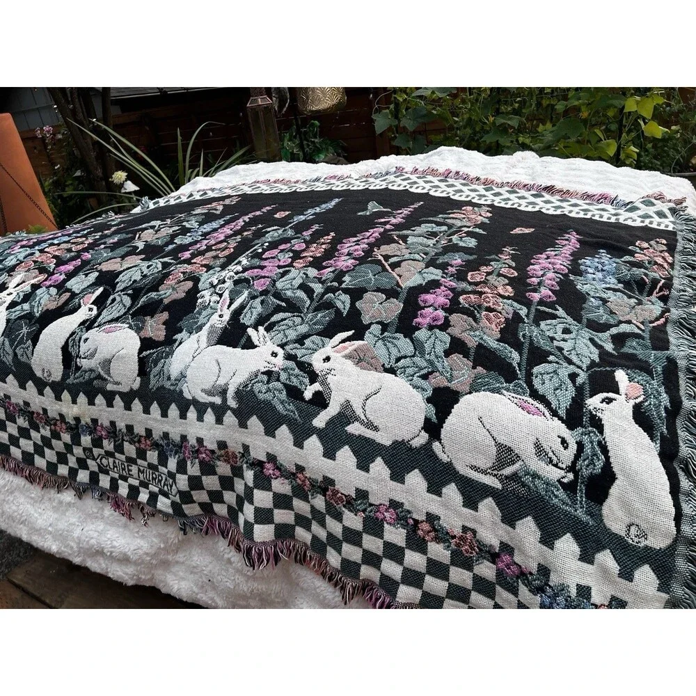 Vtg Claire Murray Foxglove Weavers Tapestry Blanket Throw Garden Bunnies Rabbit
